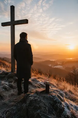 New Year Sunrise Prayer Beside Wooden Cross