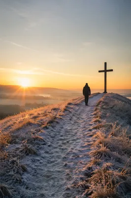New Year Sunrise Cross on Frosty Hill