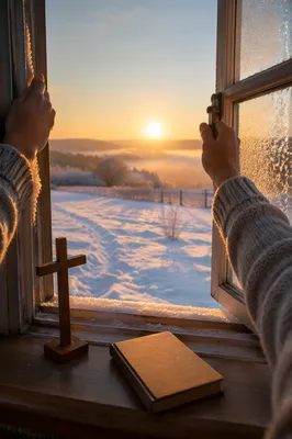 New Year Sunrise Prayer at Cottage Window