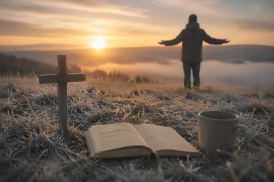 New Year Sunrise Prayer on Frosted Hill