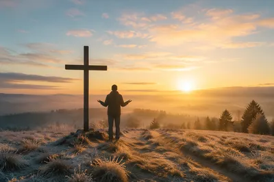 New Year Sunrise Prayer by Wooden Cross