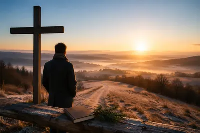 New Year Sunrise Prayer by Wooden Cross