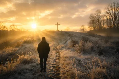 New Year Sunrise Cross on Frosty Path