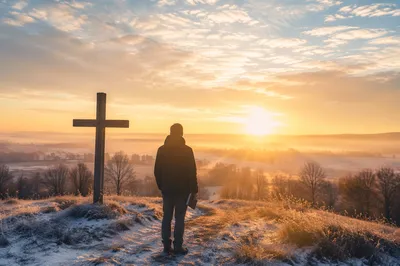 New Year Sunrise Prayer by Wooden Cross
