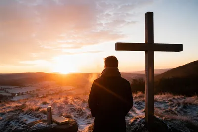 New Year Sunrise Prayer by Wooden Cross