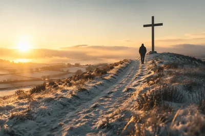 New Year Sunrise Cross on Frosty Hill