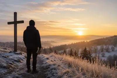 New Year Sunrise Cross on Frosty Hillside