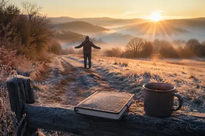 New Year Sunrise Prayer on Countryside Path