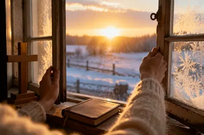 New Year Sunrise Prayer at Frosted Window