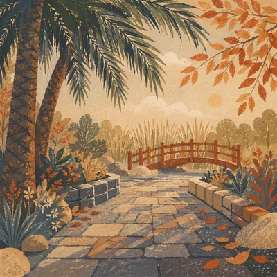 Palm Branches Over Golden Garden Path