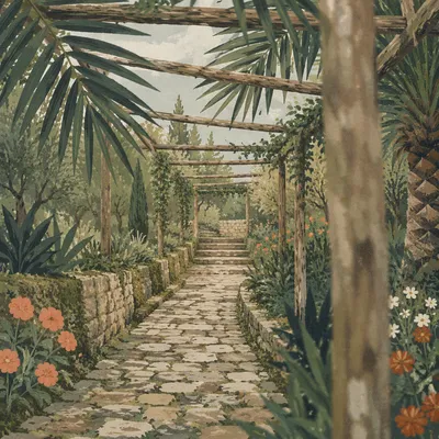 Palm Branches Over a Quiet Stone Path