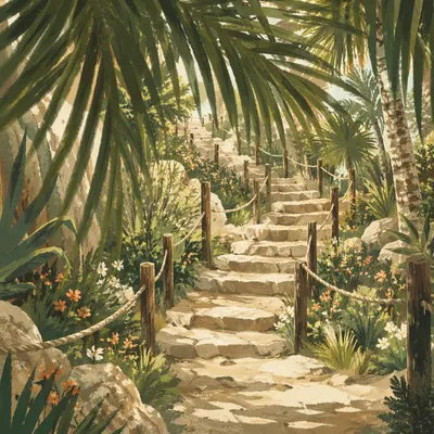 Palm Branches Over Rustic Stone Path