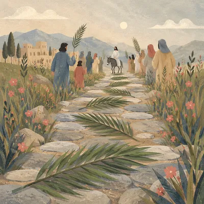 Palm Branches on Misty Stone Path
