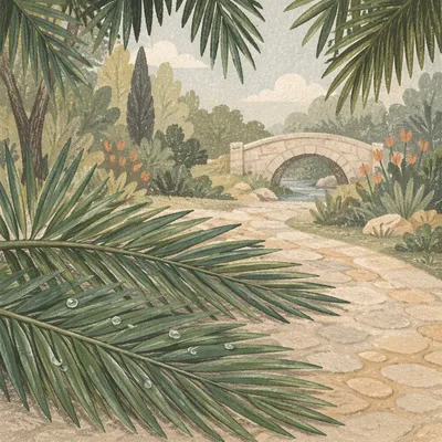 Palm Branches on Weathered Stone Path