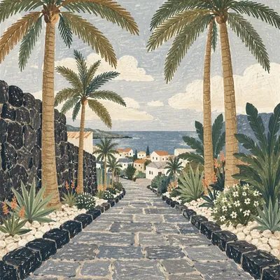 Palm Branches Over a Coastal Stone Path