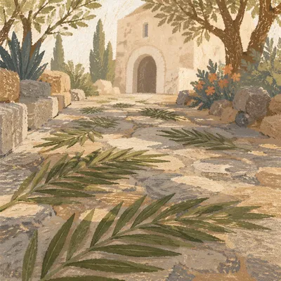 Palm Branches on Weathered Chapel Path