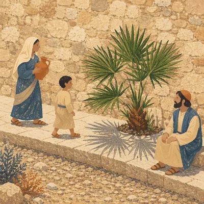Palm Branches Beside Sunlit Stone Walkway