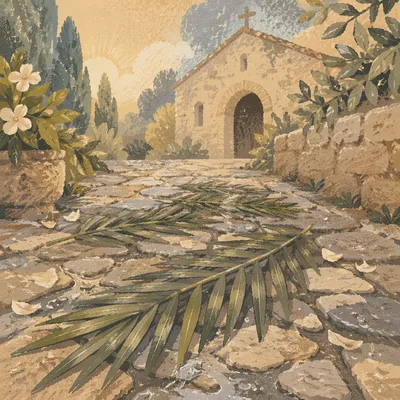 Palm Branches on Rain-Washed Chapel Path