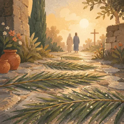 Palm Branches on Rainy Stone Chapel Path