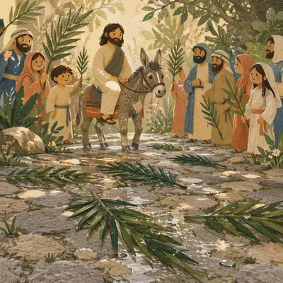 Palm Branches on Rainy Stone Path