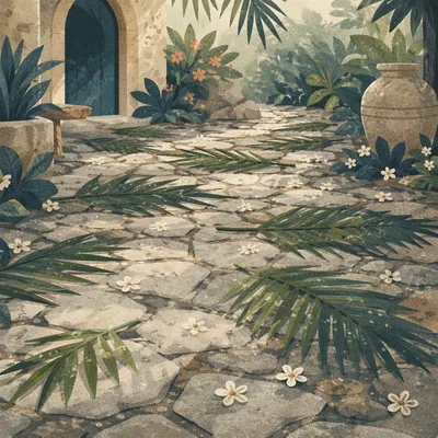 Palm Branches on Rainy Stone Path