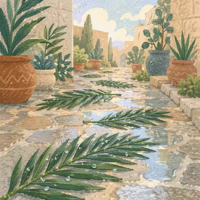 Palm Branches on Rainy Stone Path