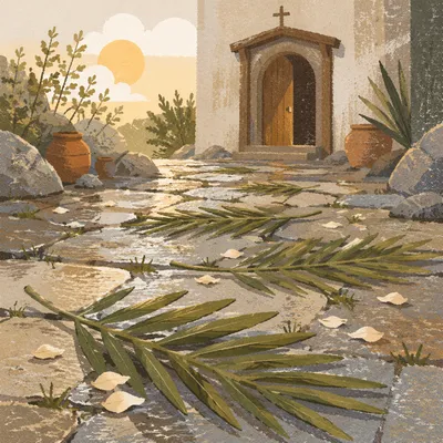 Palm Branches on Rainy Chapel Path