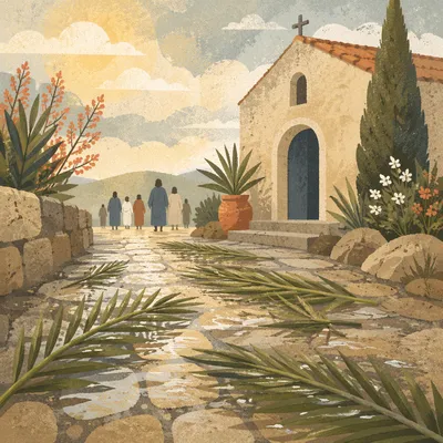 Palm Branches on Rain Washed Chapel Path