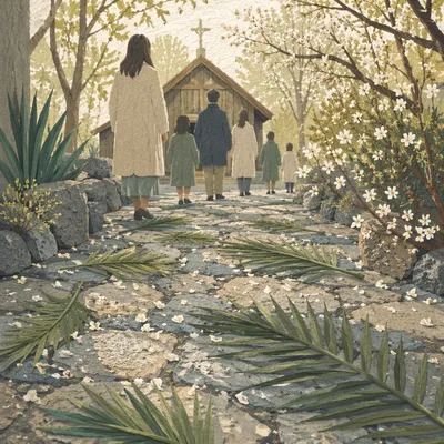 Palm Branches on Stone Path to Chapel
