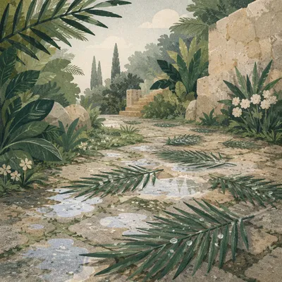 Palm Branches on Rainy Stone Path