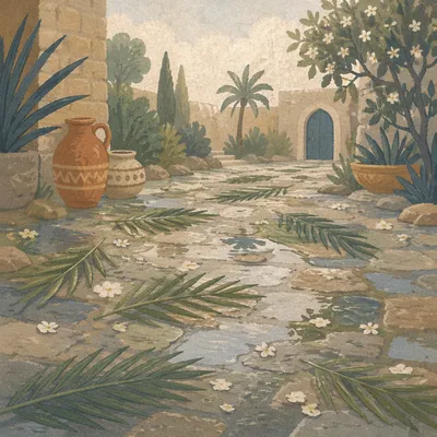 Palm Branches on Rain-Wet Stone Path