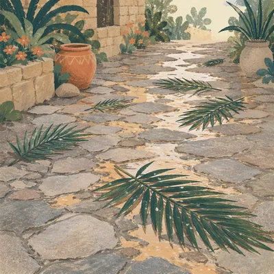 Palm Branches on Rain-Kissed Stone Path