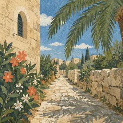 Palm Branches Over Sunlit Stone Path