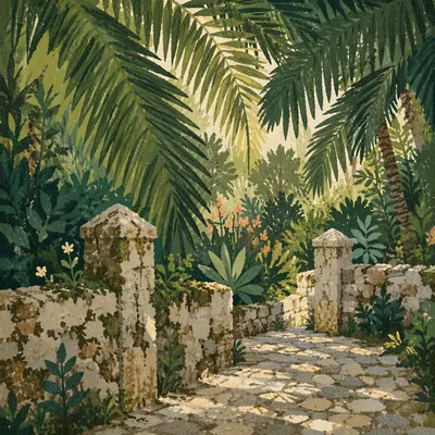 Palm Branches Over Stone Garden Path