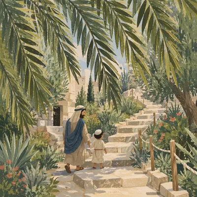 Palm Branches Framing Rustic Stone Path