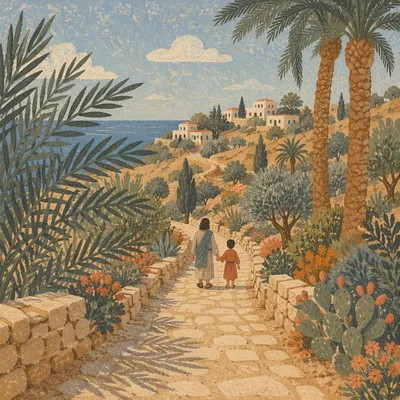 Sunlit Palm Branches Along Stone Path