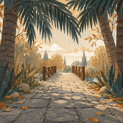 Palm Branches Over Stone Path in Autumn