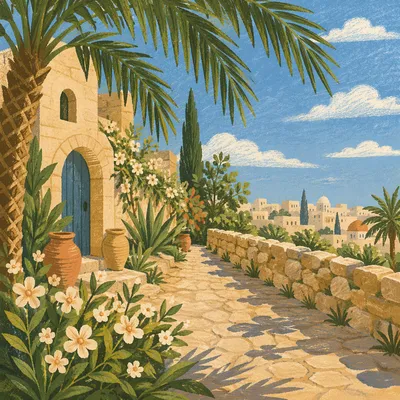 Palm Branches Over Historic Stone Path