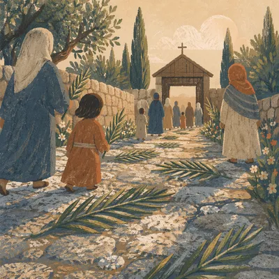 Palm Branches on Dewy Chapel Path