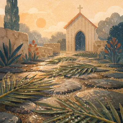 Palm Branches on Rainy Chapel Path