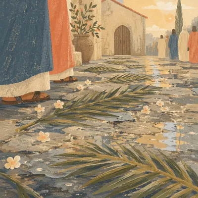 Palm Branches on Rainy Chapel Stone Path