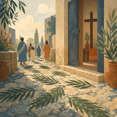Palm Branches on a Chapel Stone Path