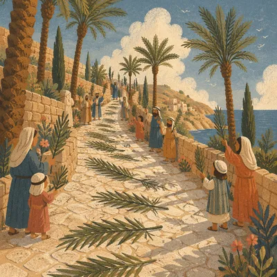 Palm Sunday Branches on Coastal Stone Path