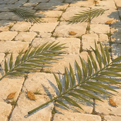 Palm Branches on Weathered Stone Path