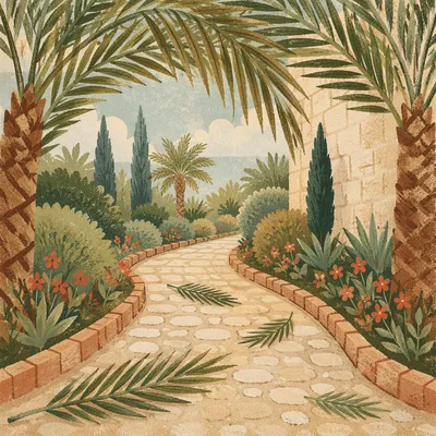 Palm Sunday Garden Path with Green Branches