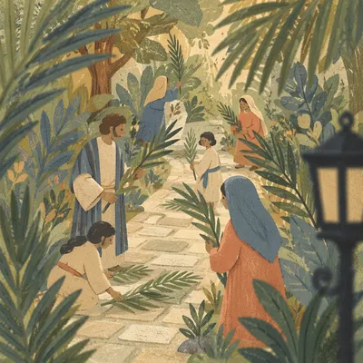 Palm Fronds Along Quiet Stone Path