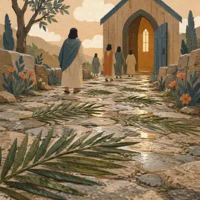 Palm Branches on Rainy Chapel Path