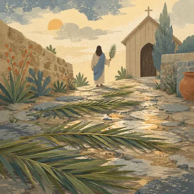 Palm Branches on Rainwashed Chapel Path