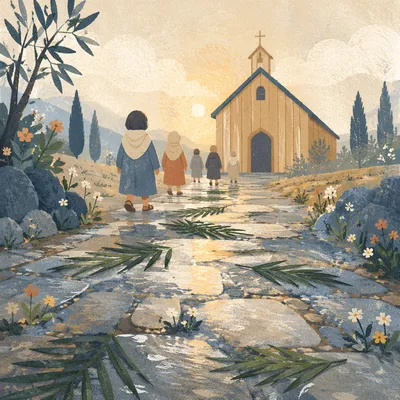 Palm Branches on Rainy Chapel Path
