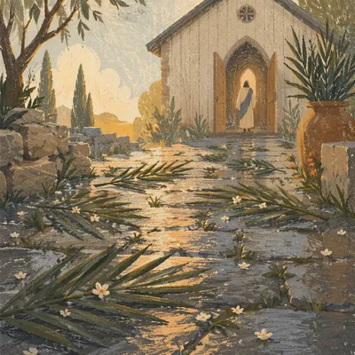 Palm Branches on Rainy Chapel Path